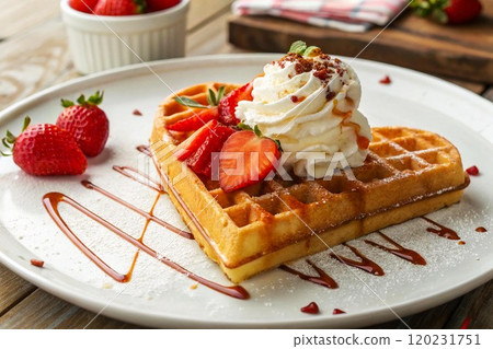 Delicious heart-shaped waffle topped with fresh strawberries and whipped cream. Delicious heart-shaped waffle topped with fresh strawberries and whipped cream. 120231751