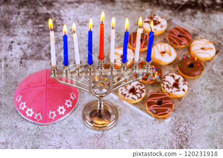Hanukkah Jewish celebration, where light tradition are combined to fill homes with warmth joy with nine lit candles in menorah 120231918