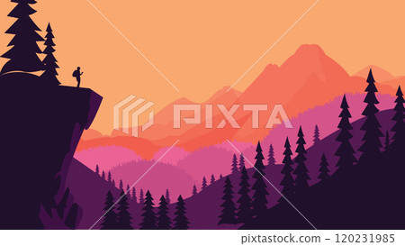 Hiker Silhouette on the Top of Cliff with Mountain Landscape and Pine Tree in the Forest at Sunset 120231985