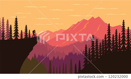 Hiker Silhouette on the Top of Cliff with Mountain Landscape and Pine Tree in the Forest at Sunset 120232000