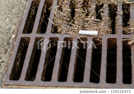 A scene of discarded cigarettes floating up onto the grating of a water catchment area 120232471