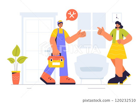 Vector Illustration of a Home Service Team featuring Cleaners, Renovation Workers, and Repairmen Building and Maintaining a House in a Flat Background Vector Illustration of a Home Service Team featuring Cleaners, Renovation Workers, and Repairmen Building and Maintaining a House in a Flat Background 120232510