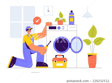 Vector Illustration of a Home Service Team featuring Cleaners, Renovation Workers, and Repairmen Building and Maintaining a House in a Flat Background Vector Illustration of a Home Service Team featuring Cleaners, Renovation Workers, and Repairmen Building and Maintaining a House in a Flat Background 120232512