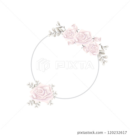 Banner Round White with Silver Border, Pink Dusty Roses, Silver Foliage, Watercolor Digital Illustration Copy Space with Empty Space for Text, Print and Web High Quality 120232617