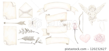 Collection Set Valentine's Day, Watercolor Illustrations with Cupid, Banners, Flowers Roses Pink, Gray Branches with Leaves, Bow, Arrow, Heart, Parchment Sheets, Ribbons, Envelope 120232627