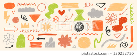 Crayon doodle color scribble line brush shape. Brush crayon pencil paint stroke texture doodle shape. Vector hand drawn frame background set of abstract design graphic figure. Vector 120232730