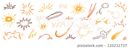 Comic cartoon boom speed effect, explosive motion line element set. Comic boom burst, explosive smoke, line speed cartoon vector icon. Hand drawn sketch doodle action effect. Vector Comic cartoon boom speed effect, explosive motion line element set. Comic boom burst, explosive smoke, line speed cartoon vector icon. Hand drawn sketch doodle action effect. Vector 120232737