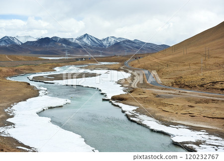 beautiful landscape with rivers and melting snow in Tibet  120232767
