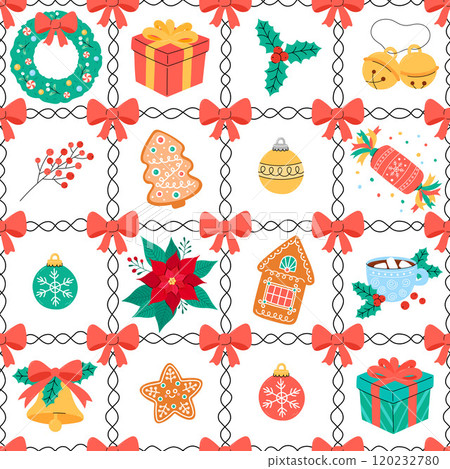 Cute Christmas tile pattern seamless vector illustration. Colorful festive Xmas white background with simple holiday elements, ornaments and symbols for December seasonal designs. Flat and doodles 120232780