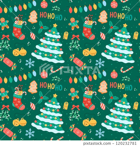 Christmas seamless pattern vector illustration. Cute colorful festive Xmas background with simple holiday elements, ornaments, Christmas tree, decorations, holly and mistletoe. Flat and doodles 120232781