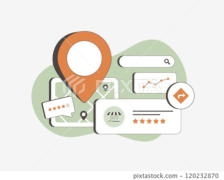 Local search marketing concept showing location-based marketing, reviews, business ratings and map listings. Small business SEO, local listings and targeted advertising isolated vector illustration 120232870