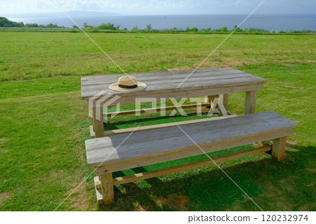 Seaside meadow with bench and straw hat 120232974
