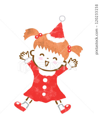 手繪插圖，一個穿著聖誕老人服裝並歡呼的女孩 120233158