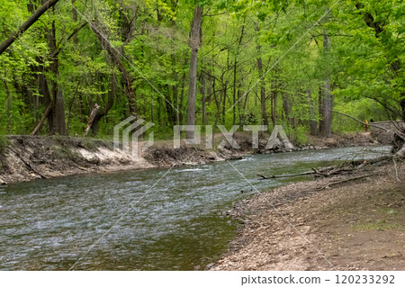 Views of Minnehaha Creek on a cloudy day surrounded by greenery in Minneapolis. Views of Minnehaha Creek on a cloudy day surrounded by greenery in Minneapolis. 120233292