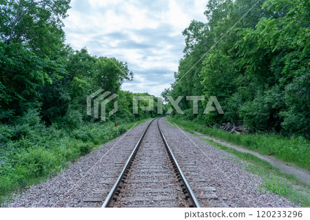 A beautiful view of train tracks off to the horizon surrounded by greenery. A beautiful view of train tracks off to the horizon surrounded by greenery. 120233296