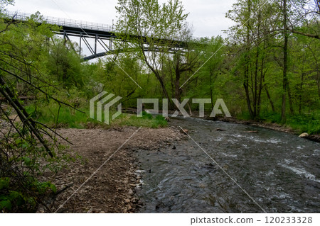 Views of Minnehaha Creek on a cloudy day surrounded by greenery in Minneapolis. Views of Minnehaha Creek on a cloudy day surrounded by greenery in Minneapolis. 120233328