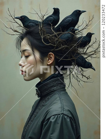 A thoughtful Japanese woman in profile. 120233472