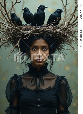 Sad girl with birds. 120233480