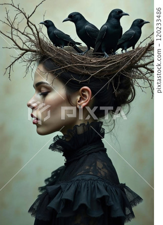 Melancholic brunette in profile. 120233486