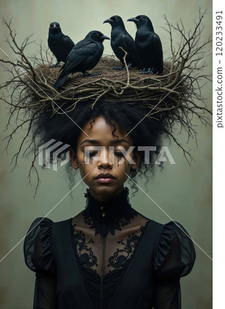 African American beauty with birds. 120233491
