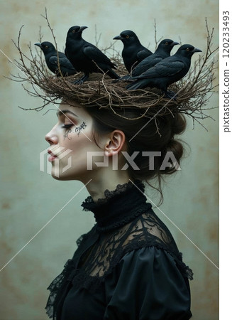 Profile of a brunette with birds. 120233493
