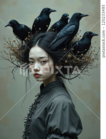 Mistrustful eastern maiden with birds. 120233495