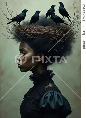 Melancholic African woman in profile. 120233498