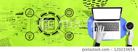 Project management theme with person using a laptop Project management theme with person using a laptop 120233654