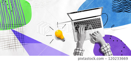 Person using a laptop computer and light bulbs Person using a laptop computer and light bulbs 120233669
