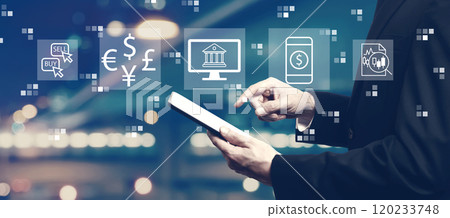 Fintech theme with businessman using a tablet Fintech theme with businessman using a tablet 120233748