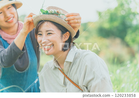 Making a flower crown using white clover Making a flower crown using white clover 120233858
