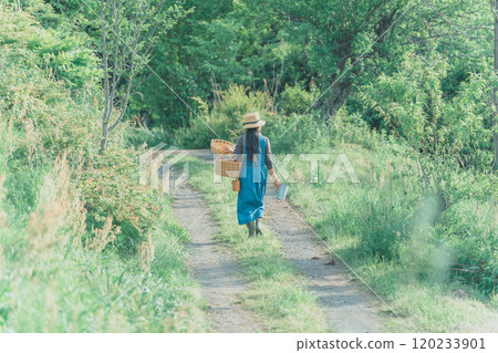 A female flower farmer walks along a lush dirt road to pick flowers. 120233901