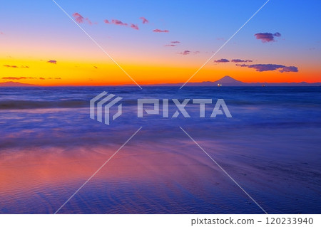View of Mt. Fuji from the coast of Tateyama with the twilight sky in the background Ver4 120233940