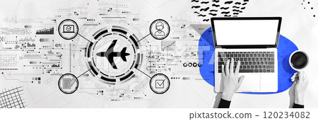 Flight ticket booking concept with person using a laptop Flight ticket booking concept with person using a laptop 120234082