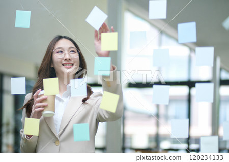 Businesswoman writing on sticky notes while planning business strategy Businesswoman writing on sticky notes while planning business strategy 120234133