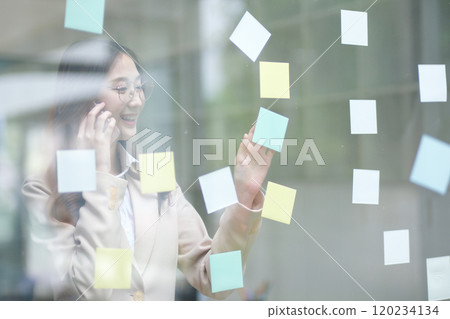 Businesswoman writing on sticky notes while planning business strategy Businesswoman writing on sticky notes while planning business strategy 120234134