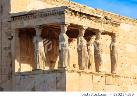 The Caryatid porch of Erechtheion (Erechtheum) or Temple of Athena Polias is an ancient Greek Ionic temple on the north side of the Acropolis in Athens, Greece The Caryatid porch of Erechtheion (Erechtheum) or Temple of Athena Polias is an ancient Greek Ionic temple on the north side of the Acropolis in Athens, Greece 120234199