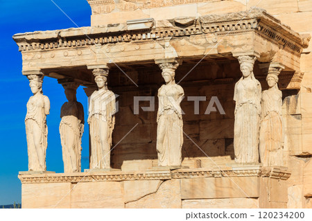 The Caryatid porch of Erechtheion (Erechtheum) or Temple of Athena Polias is an ancient Greek Ionic temple on the north side of the Acropolis in Athens, Greece 120234200