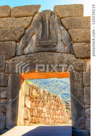 Lion's gate, the main entrance of the citadel of Mycenae. Archaeological site of Mycenae in Peloponnese, Greece Lion's gate, the main entrance of the citadel of Mycenae. Archaeological site of Mycenae in Peloponnese, Greece 120234214