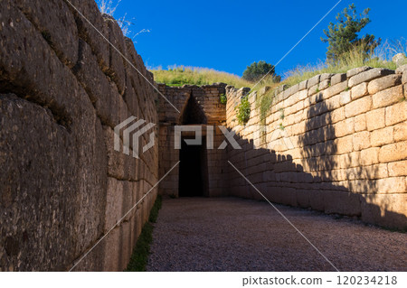 Treasury of Atreus or Tomb of Agamemnon is a large tholos or beehive tomb constructed between 1300 and 1250 BCE in Mycenae, Greece Treasury of Atreus or Tomb of Agamemnon is a large tholos or beehive tomb constructed between 1300 and 1250 BCE in Mycenae, Greece 120234218