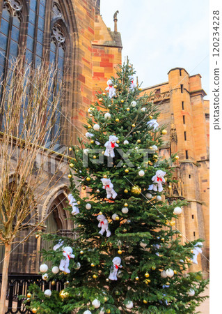 Christmas tree decorated with teddy bears and baubles in Colmar, Alsace, France 120234228