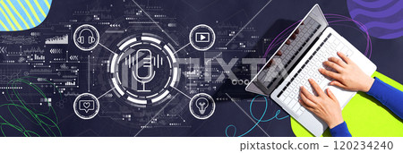 Podcast theme with person using a laptop Podcast theme with person using a laptop 120234240