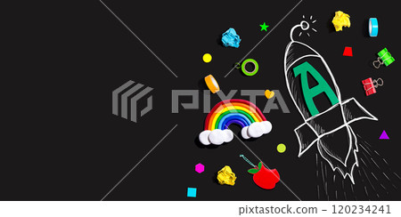 Back to school theme with a letter A rocket with school supplies 120234241