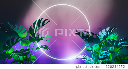 Tropical monstera leaves with neon light - 3D Tropical monstera leaves with neon light - 3D 120234252