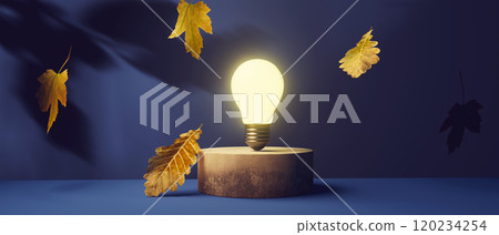 Light bulb on a podium with autumn leaves - 3D 120234254