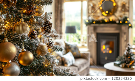 Living room interior with Christmas tree, holiday decorations and fireplace. Holidays concept 120234320