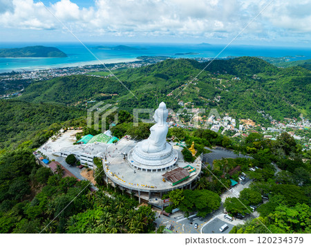 Vesak day background concept of Big buddha over high mountain in Phuket thailand Aerial view drone shot Vesak day background concept of Big buddha over high mountain in Phuket thailand Aerial view drone shot 120234379