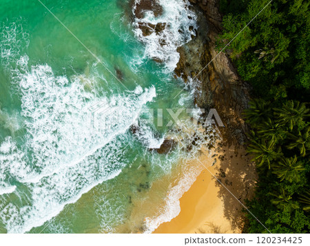 Amazing waves crashing on rocks,Beautiful sea in summer season seascape background ,Nature sea beach waves background Amazing waves crashing on rocks,Beautiful sea in summer season seascape background ,Nature sea beach waves background 120234425