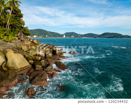 Amazing waves crashing on rocks,Beautiful sea in summer season seascape background ,Nature sea beach waves background Amazing waves crashing on rocks,Beautiful sea in summer season seascape background ,Nature sea beach waves background 120234432