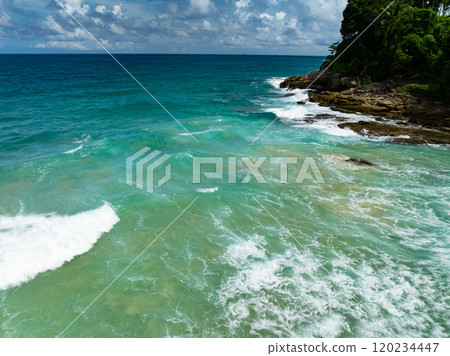 Amazing waves crashing on rocks,Beautiful sea in summer season seascape background ,Nature sea beach waves background 120234447